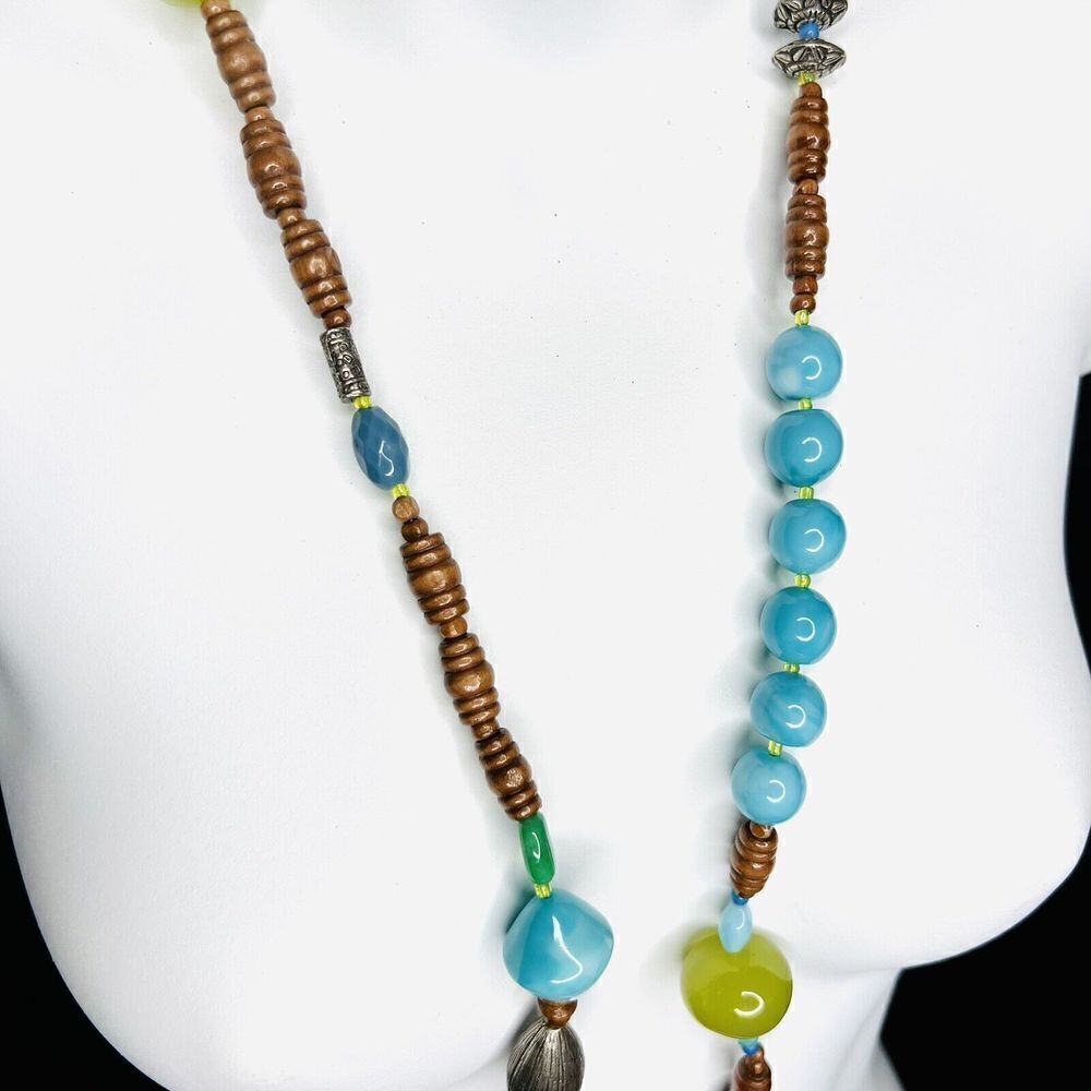 Vintage Lucite Wood Silver Beads Tibetan Necklace Mixed Media Chunky Beads 4009 - Picture 4 of 13